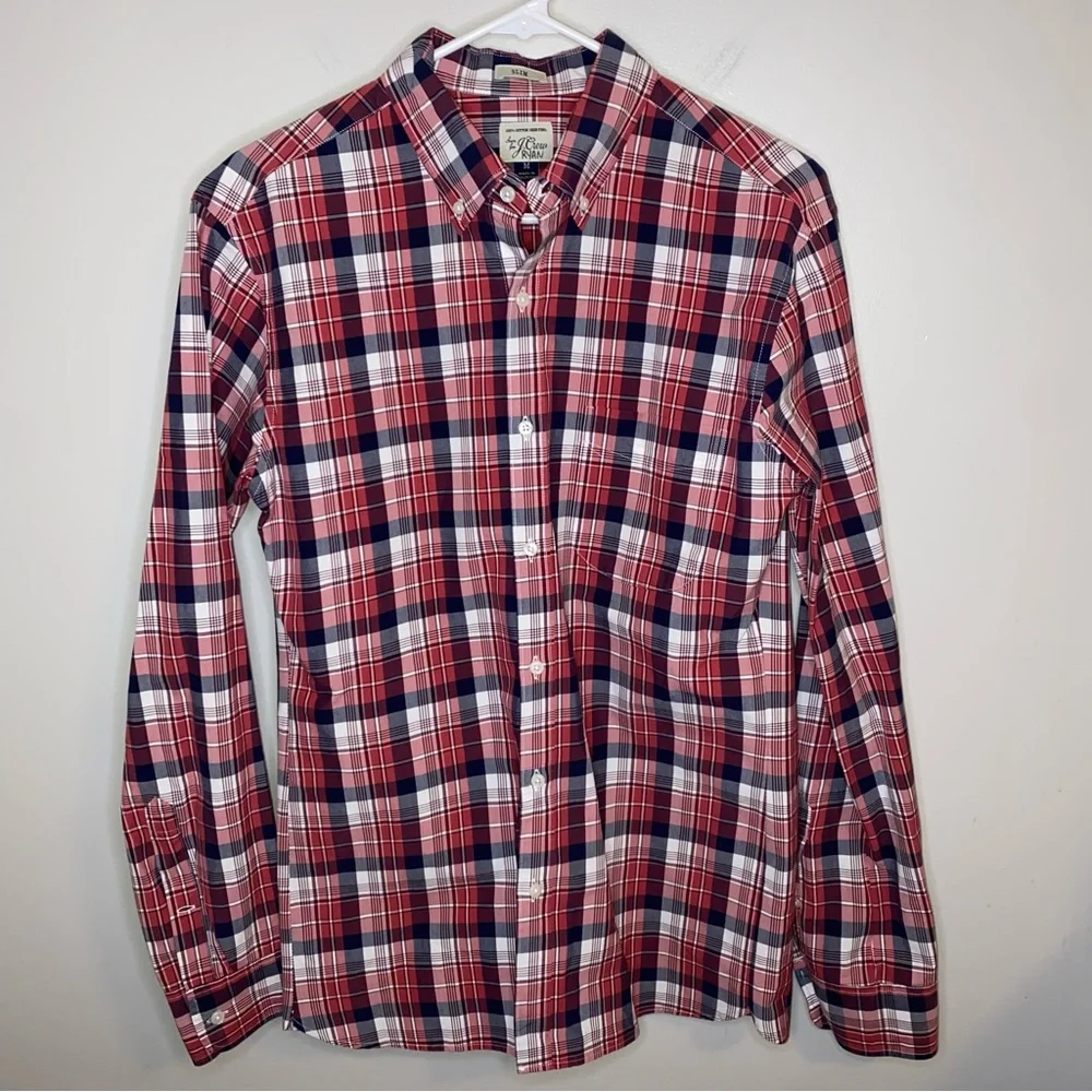 J Crew slim fit long sleeve brick red navy blue plaid button down shirt Medium